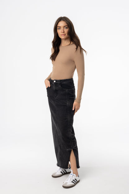 Black Wash Ruched Denim Skirt