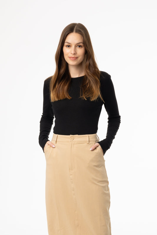 Black Waved Round Neck Long Sleeve T Shirt