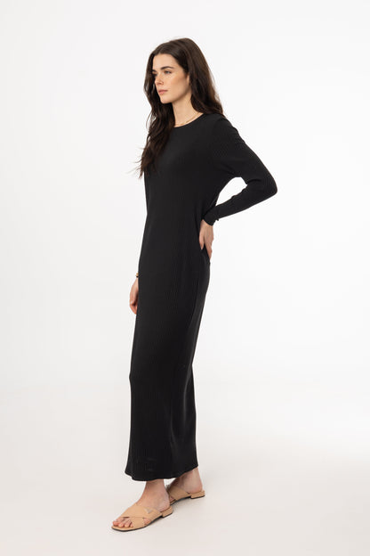 Black Wide Ribbed Basic Maxi Dress