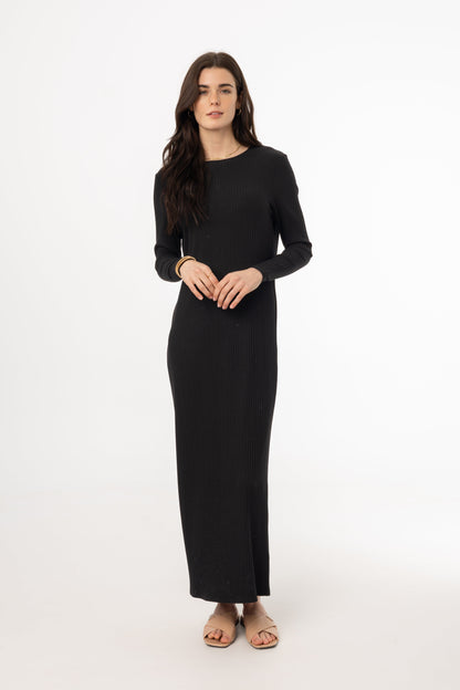 Black Wide Ribbed Basic Maxi Dress