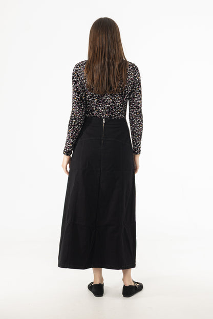 Black Yoke Seam Denim Skirt