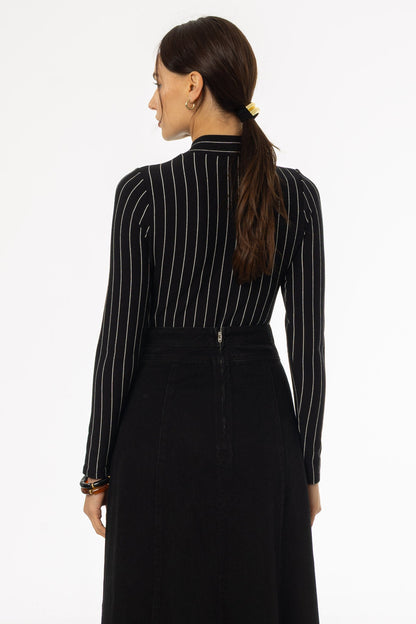 Black & White Striped Mock Neck Top