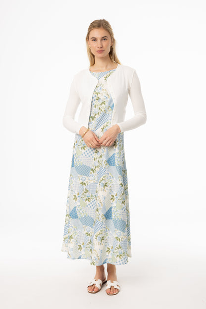 Blue Patchwork Printed Slip Dress