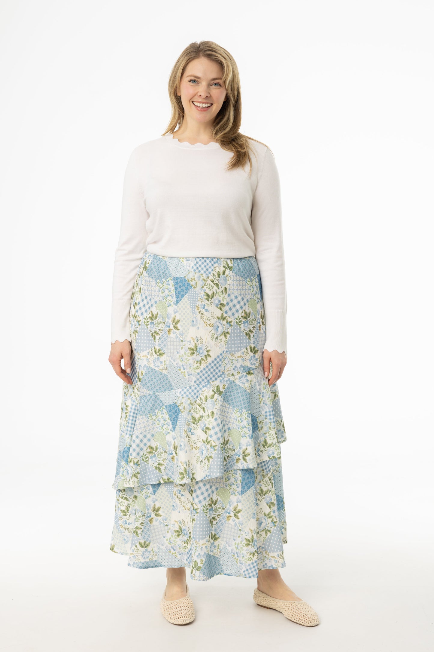Blue Patchwork Print Ruffle Skirt
