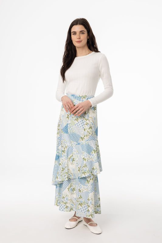 Blue Patchwork Print Ruffle Skirt
