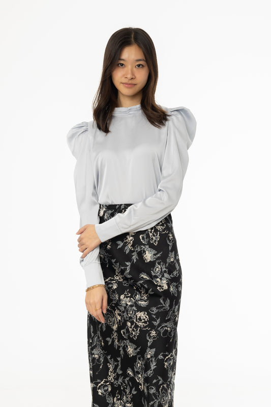 Blue Puff Sleeve Silky Blouse