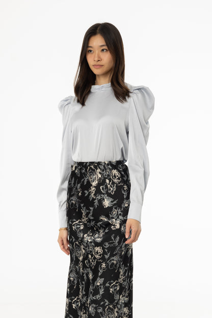 Blue Puff Sleeve Silky Blouse