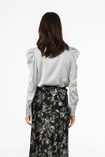 Blue Puff Sleeve Silky Blouse
