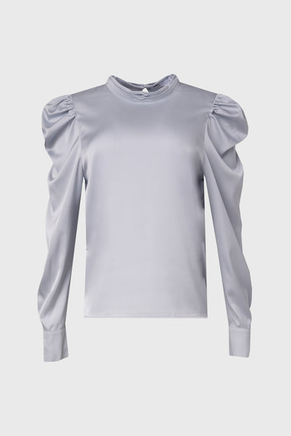 Blue Puff Sleeve Silky Blouse