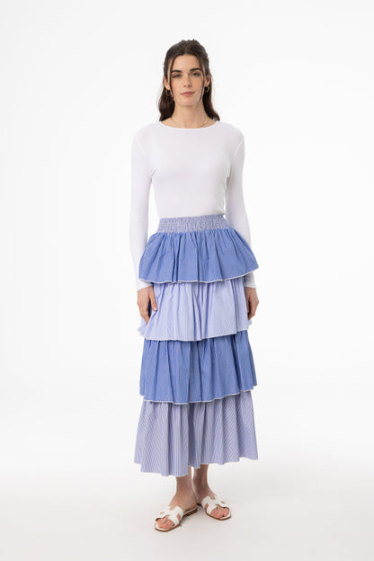 Blue Striped Ruffle Maxi Skirt