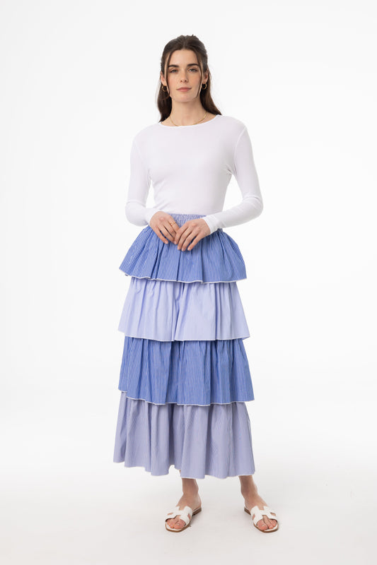 Blue Striped Ruffle Maxi Skirt