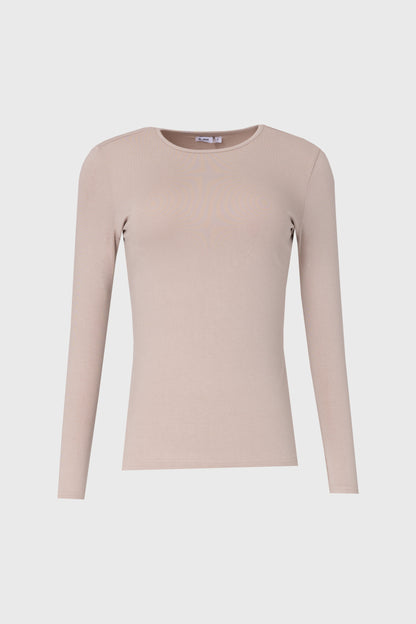 Bone Solid Round Neck Long Sleeve T-Shirt