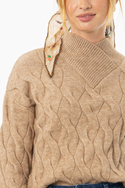 Brown Collar Detail Cable Knit Sweater