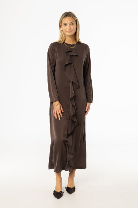 Brown Front Ruffle Silk Maxi