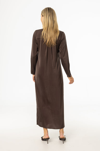 Brown Front Ruffle Silk Maxi