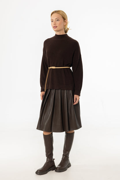 Brown Pleated Vegan Leather Skirt