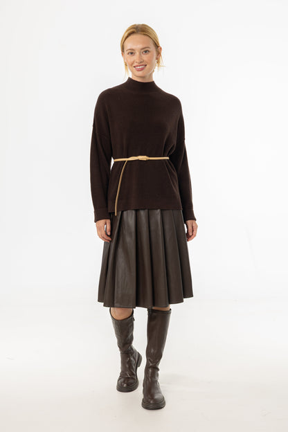 Brown Pleated Vegan Leather Skirt