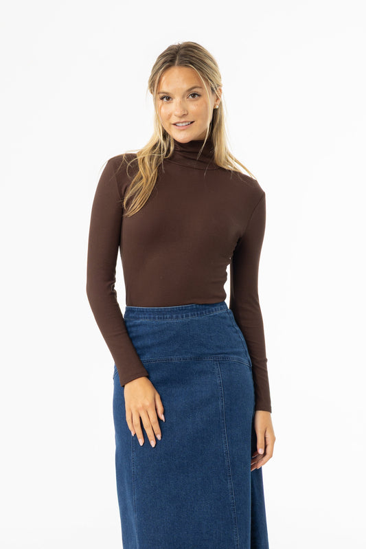 Brown Ribbed Turtleneck Top