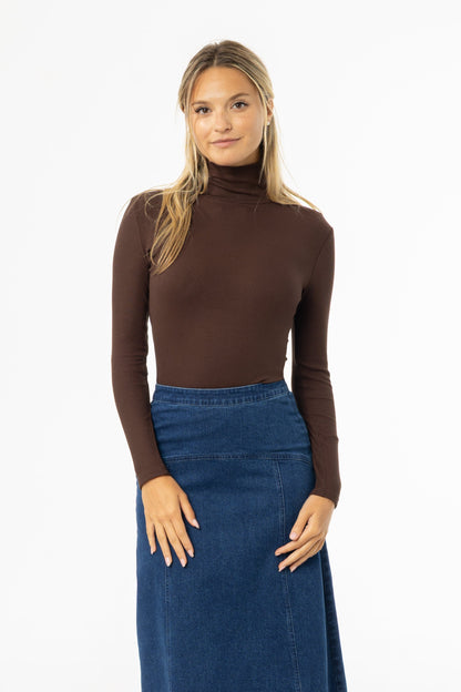 Brown Ribbed Turtleneck Top