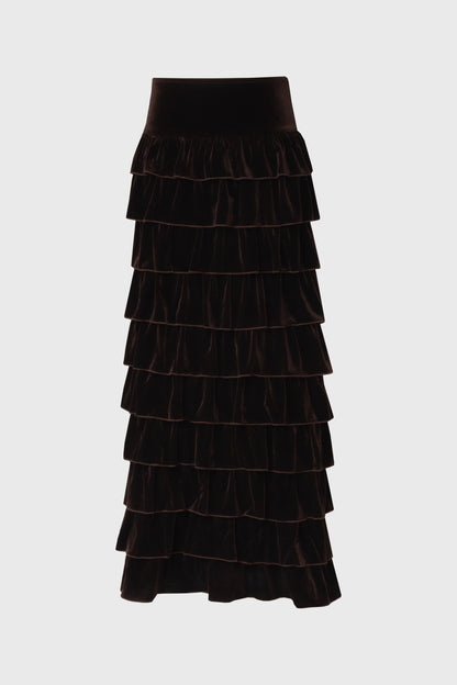 Brown Ruffle Velour Maxi Skirt