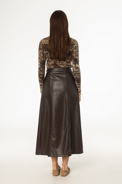 Brown Wrap Vegan Leather Maxi Skirt