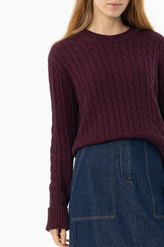 Burgundy Round Neck Cable Knit Sweater