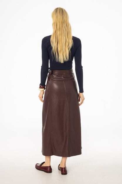 Burgundy Wrap Vegan Leather Maxi Skirt