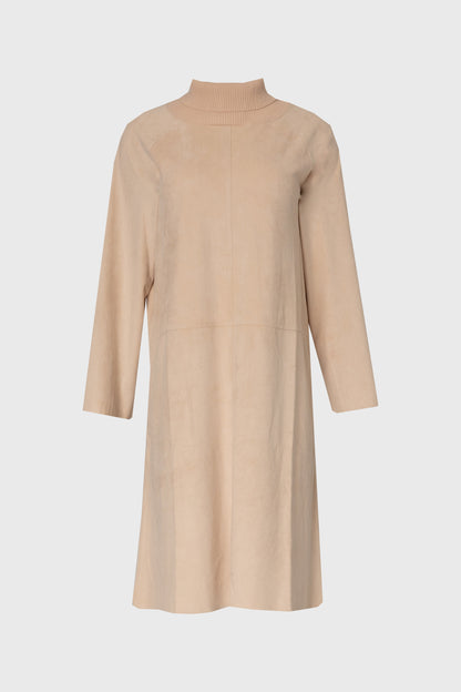 Cream Ribbed Turtleneck Microsuede Dress