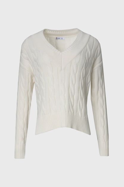 Cream V-Neck Cable Knit Sweater