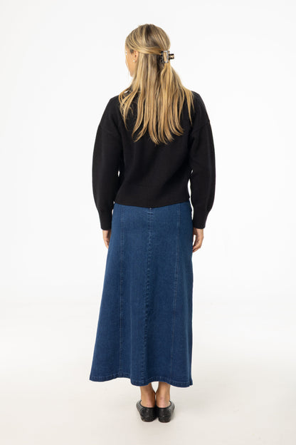 Dark Blue Yoke Seam Denim Skirt