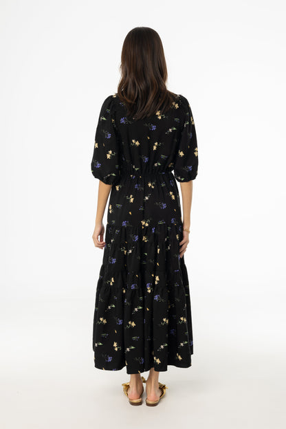 Black Floral Print Tiered Dress