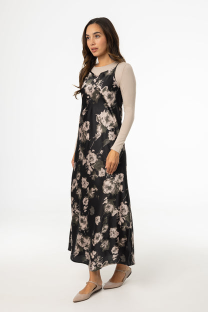 Black Floral Printed Slip Dress