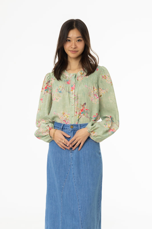 Green Floral Smocked Printed Blouse