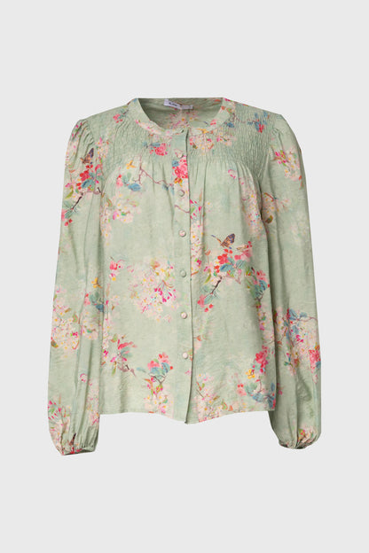 Green Floral Smocked Printed Blouse