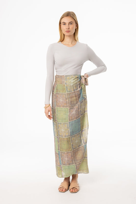 Green Paisley Printed Wrap Skirt