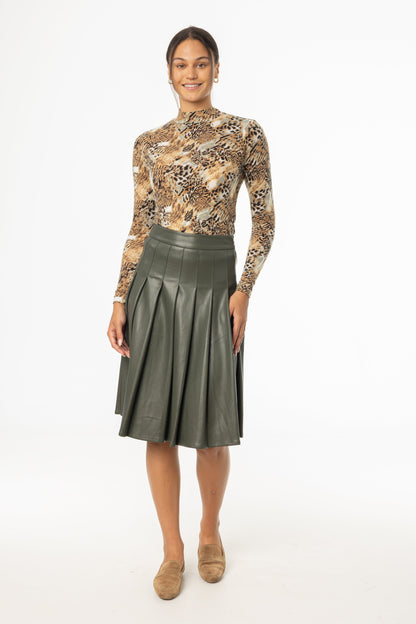 Green Pleated Vegan Leather Skirt