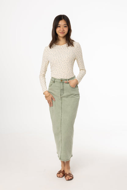 Green Wash Denim Maxi Skirt