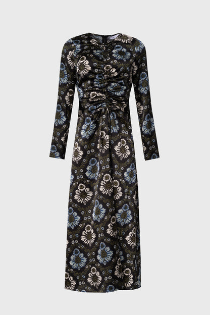 Green and Blue Printed Ruched Maxi Dress