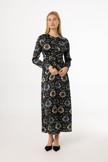 Green and Blue Printed Ruched Maxi Dress
