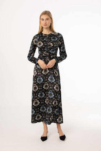 Green and Blue Printed Ruched Maxi Dress