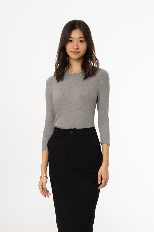 Grey Ribbed Round Neck 3/4 Sleeve T-Shirt