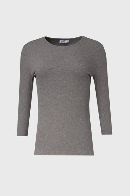 Grey Ribbed Round Neck 3/4 Sleeve T-Shirt
