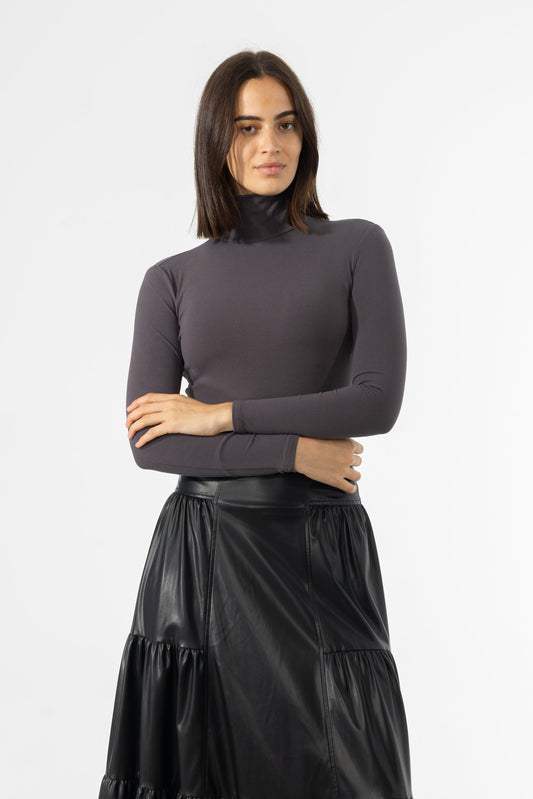 Grey Ribbed Turtleneck Top