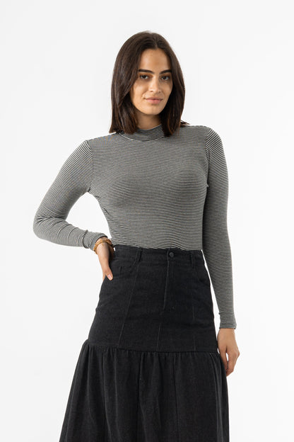 Grey Striped Mock Neck Top