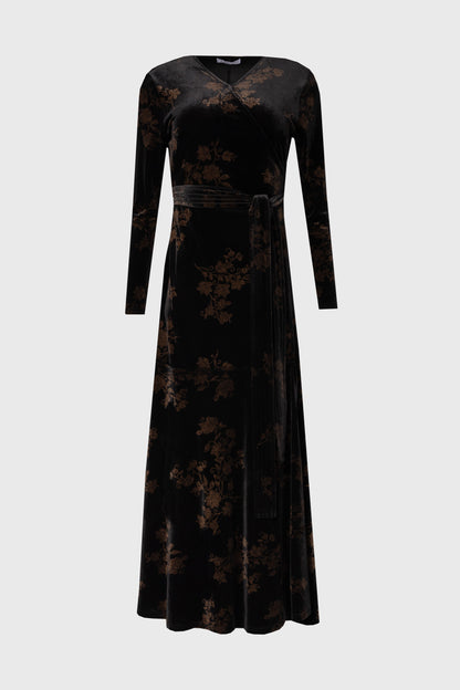 Black & Brown Printed Velour Wrap Dress