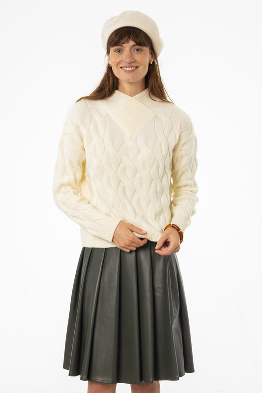 Ivory Collar Detail Cable Knit Sweater