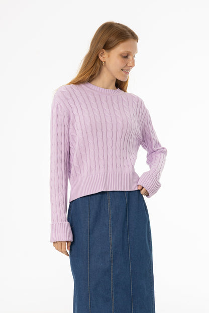 Lavender Round Neck Cable Knit Sweater