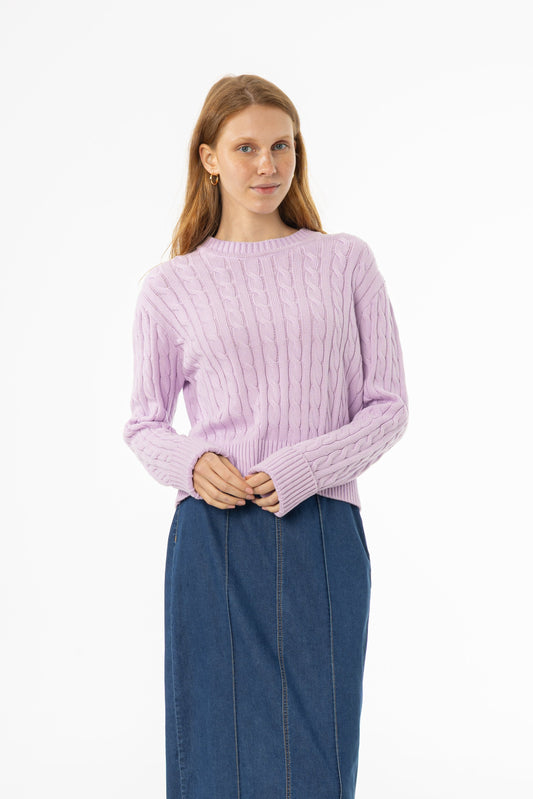 Lavender Round Neck Cable Knit Sweater