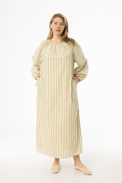 Light Green Stripe Drawstring Sleeve Maxi Dress