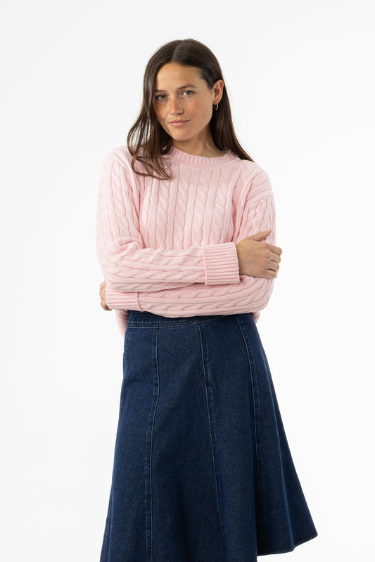Light Pink Round Neck Cable Knit Sweater